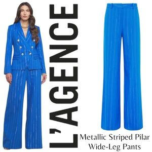L'AGENCE Wide Leg Royal Blue Gold Pinstripe High Waist Trousers Pilar Linen NWT